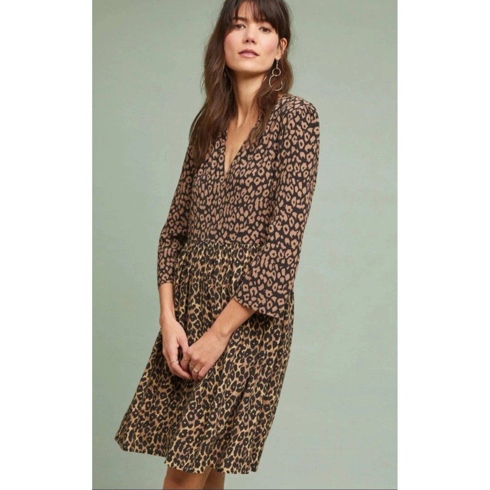 Maeve Anthropologie Juno Leopard Animal Print Dress XS Brown V-Neck Boho Edgy
